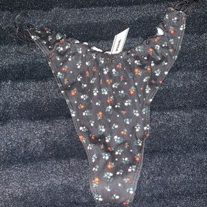 Black/Floral Side Tie Cotton Thong Womens Medium VS PINK New w tags